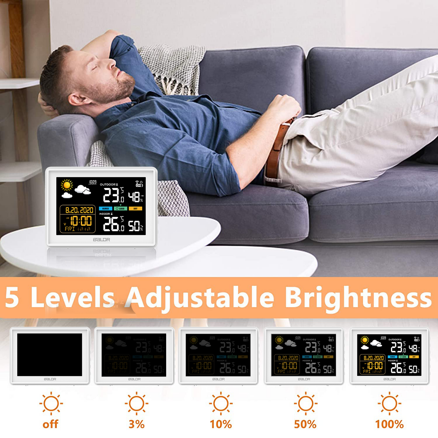 Konsen B0359 Weather Station: Wireless Radio-Controlled Clock, Air Pressure Readings, Weather Forecast, Multi-Level Adjustable Backlight