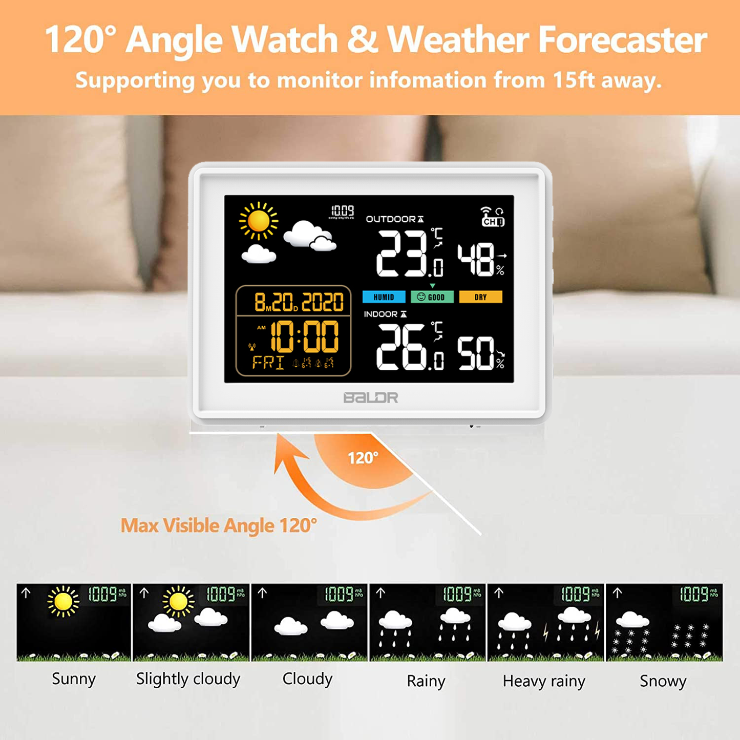Konsen B0359 Weather Station: Wireless Radio-Controlled Clock, Air Pressure Readings, Weather Forecast, Multi-Level Adjustable Backlight
