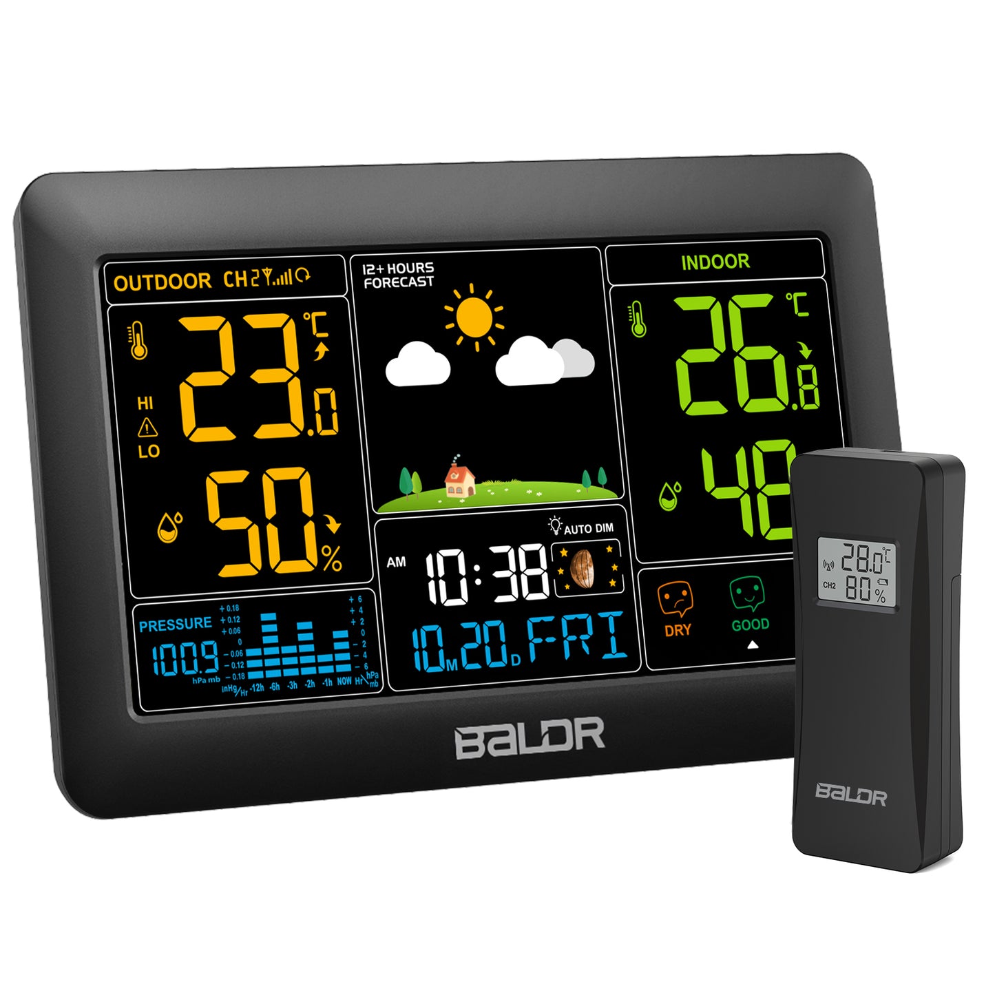 Konsen E0388 Weather Station: 7.4-inch large screen, Wireless Radio-Controlled Clock, Air Pressure Readings, Weather Forecast, Multi-Level Adjustable Backlight