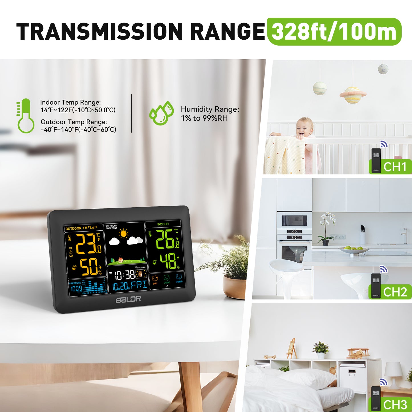 Konsen E0388 Weather Station: 7.4-inch large screen, Wireless Radio-Controlled Clock, Air Pressure Readings, Weather Forecast, Multi-Level Adjustable Backlight