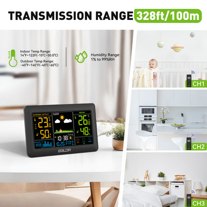 Konsen E0388 Weather Station: 7.4-inch large screen, Wireless Radio-Controlled Clock, Air Pressure Readings, Weather Forecast, Multi-Level Adjustable Backlight