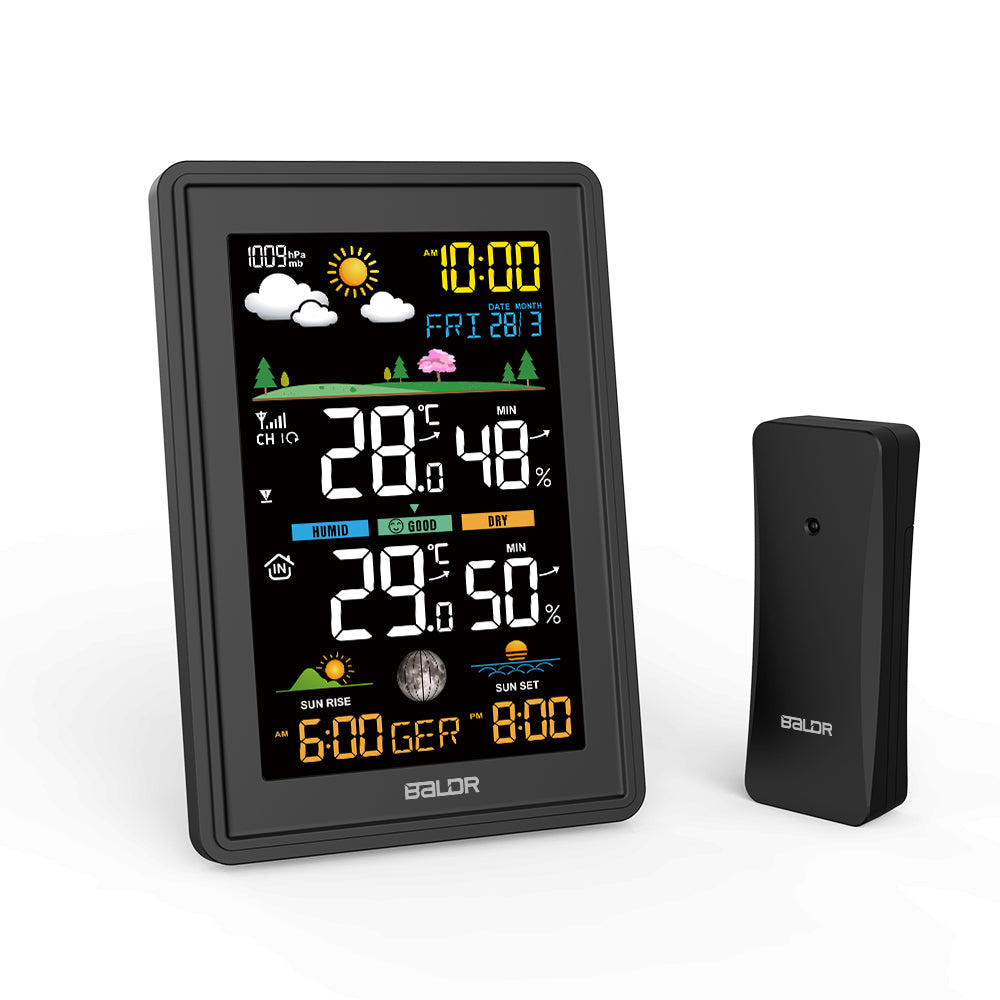 BALDR B0360 Weather Station: Wireless Radio-Controlled Clock, Sunrise/Sunset Time Display, Air Pressure Readings, Weather Forecast, Multi-Level Adjustable Backlight