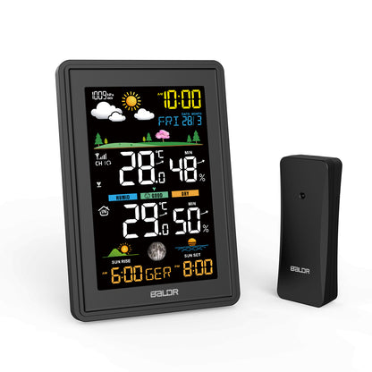 BALDR B0360 Weather Station: Wireless Radio-Controlled Clock, Sunrise/Sunset Time Display, Air Pressure Readings, Weather Forecast, Multi-Level Adjustable Backlight