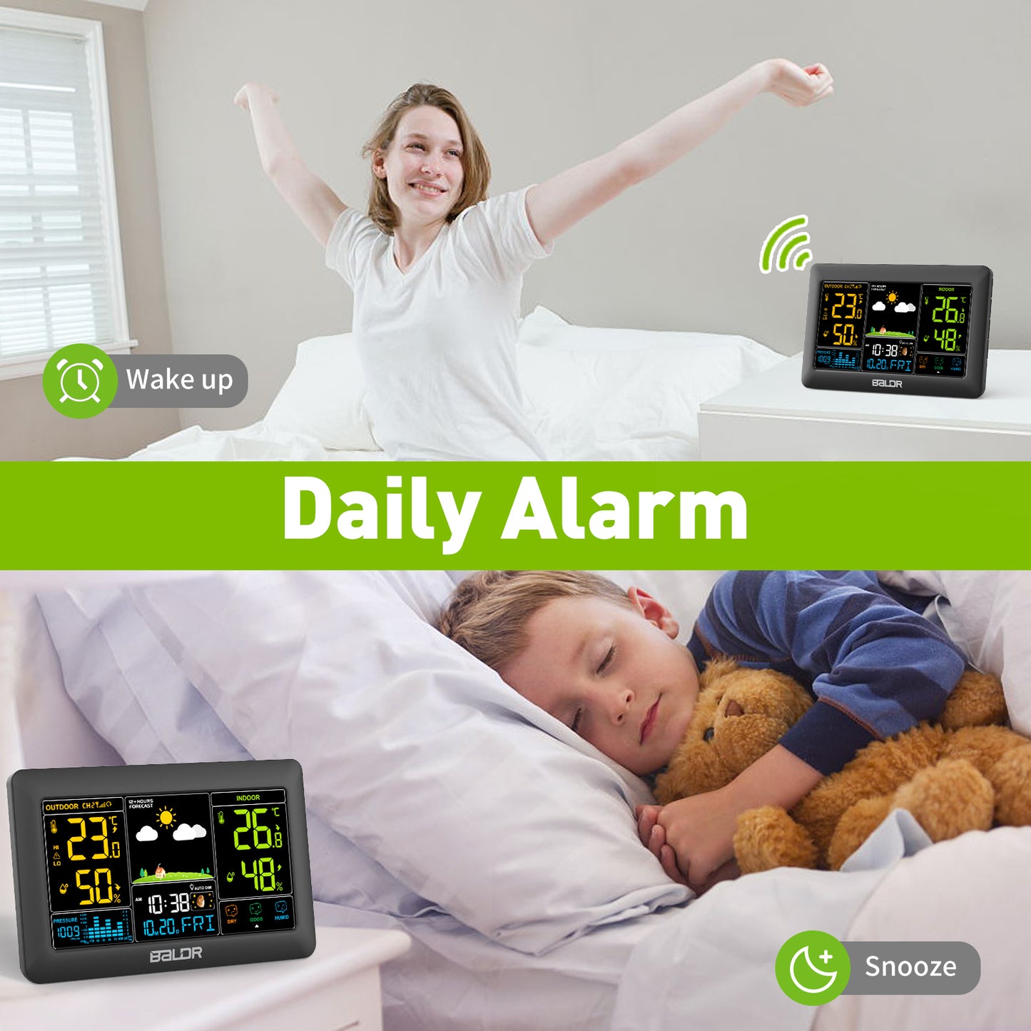 Konsen E0388 Weather Station: 7.4-inch large screen, Wireless Radio-Controlled Clock, Air Pressure Readings, Weather Forecast, Multi-Level Adjustable Backlight