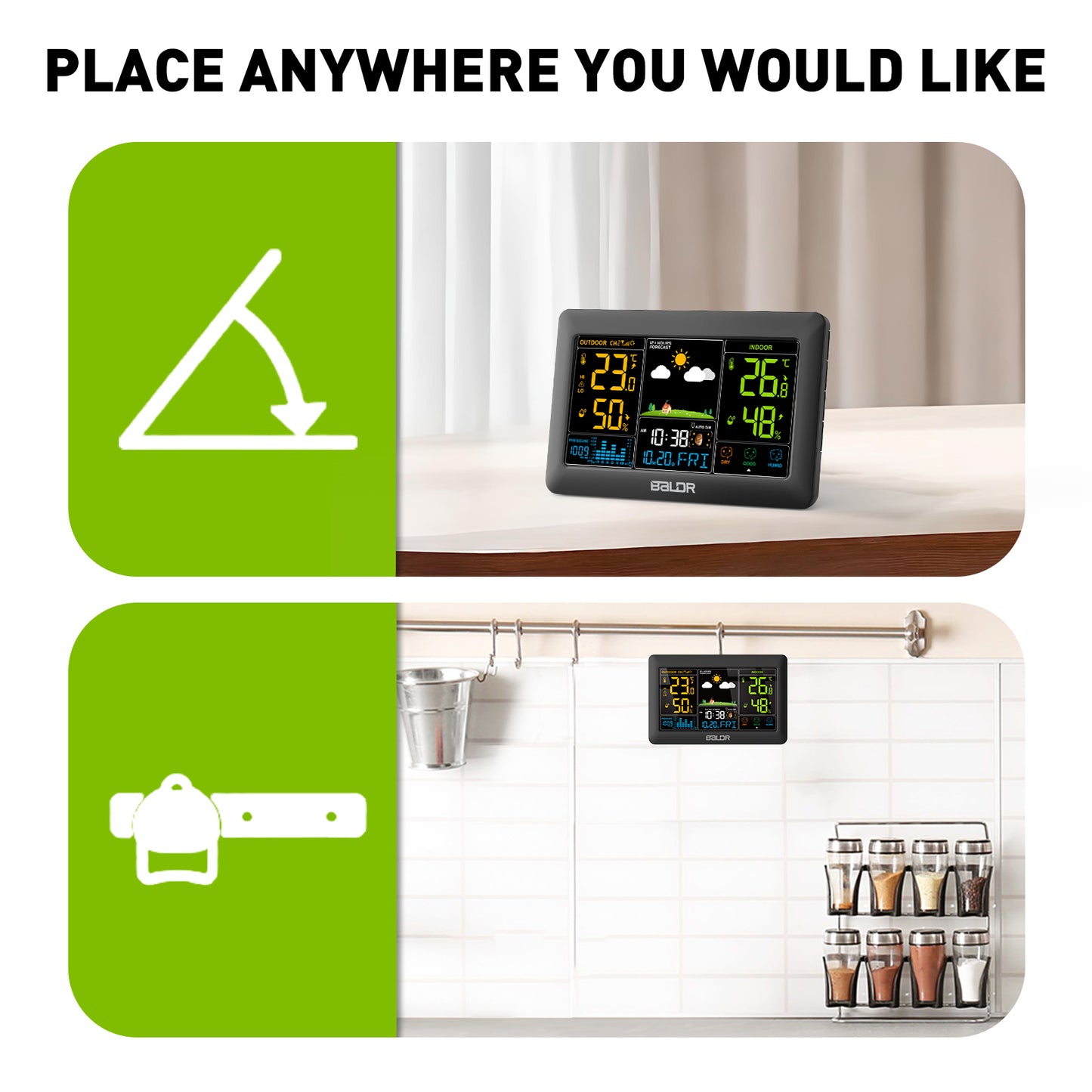 Konsen E0388 Weather Station: 7.4-inch large screen, Wireless Radio-Controlled Clock, Air Pressure Readings, Weather Forecast, Multi-Level Adjustable Backlight