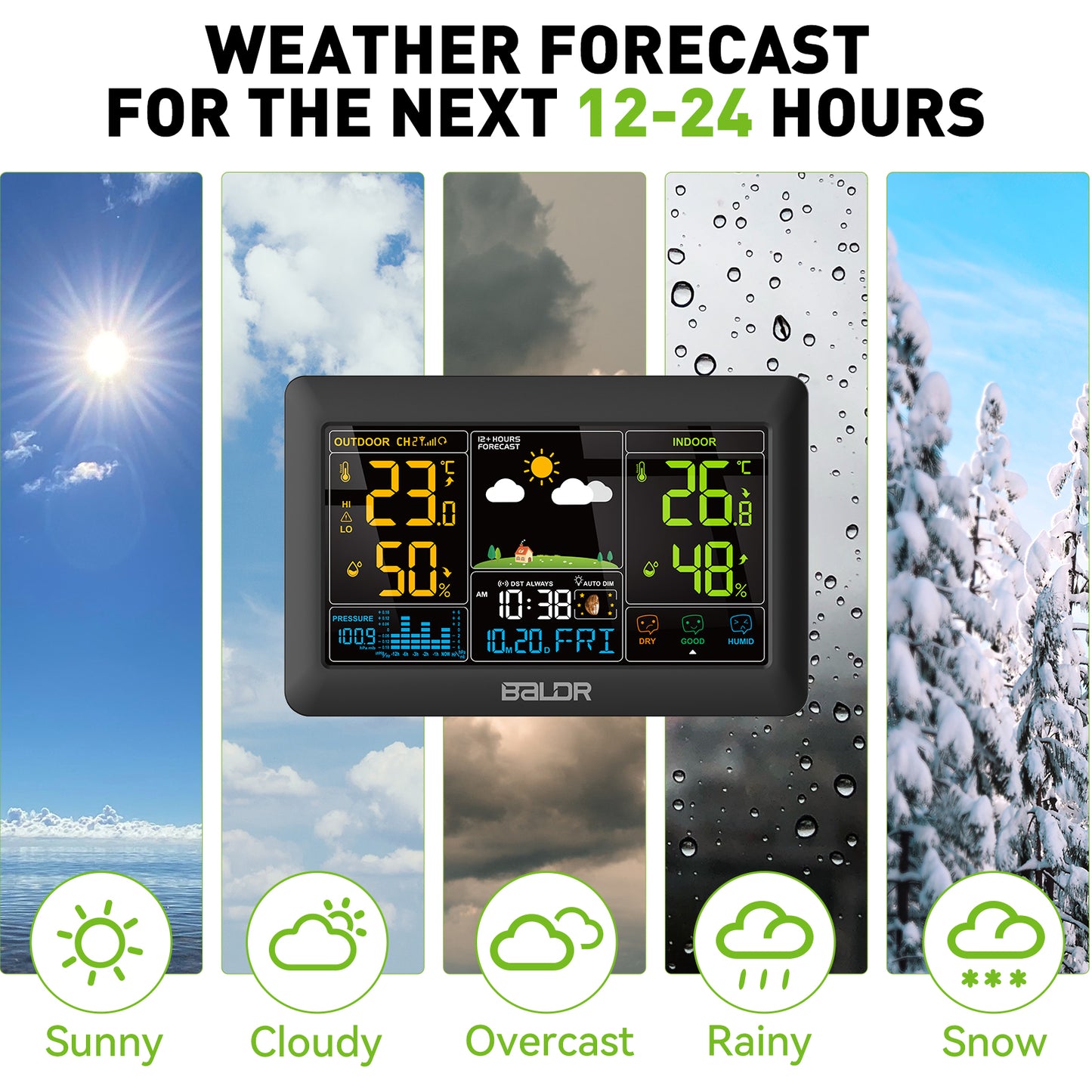 Konsen E0388 Weather Station: 7.4-inch large screen, Wireless Radio-Controlled Clock, Air Pressure Readings, Weather Forecast, Multi-Level Adjustable Backlight