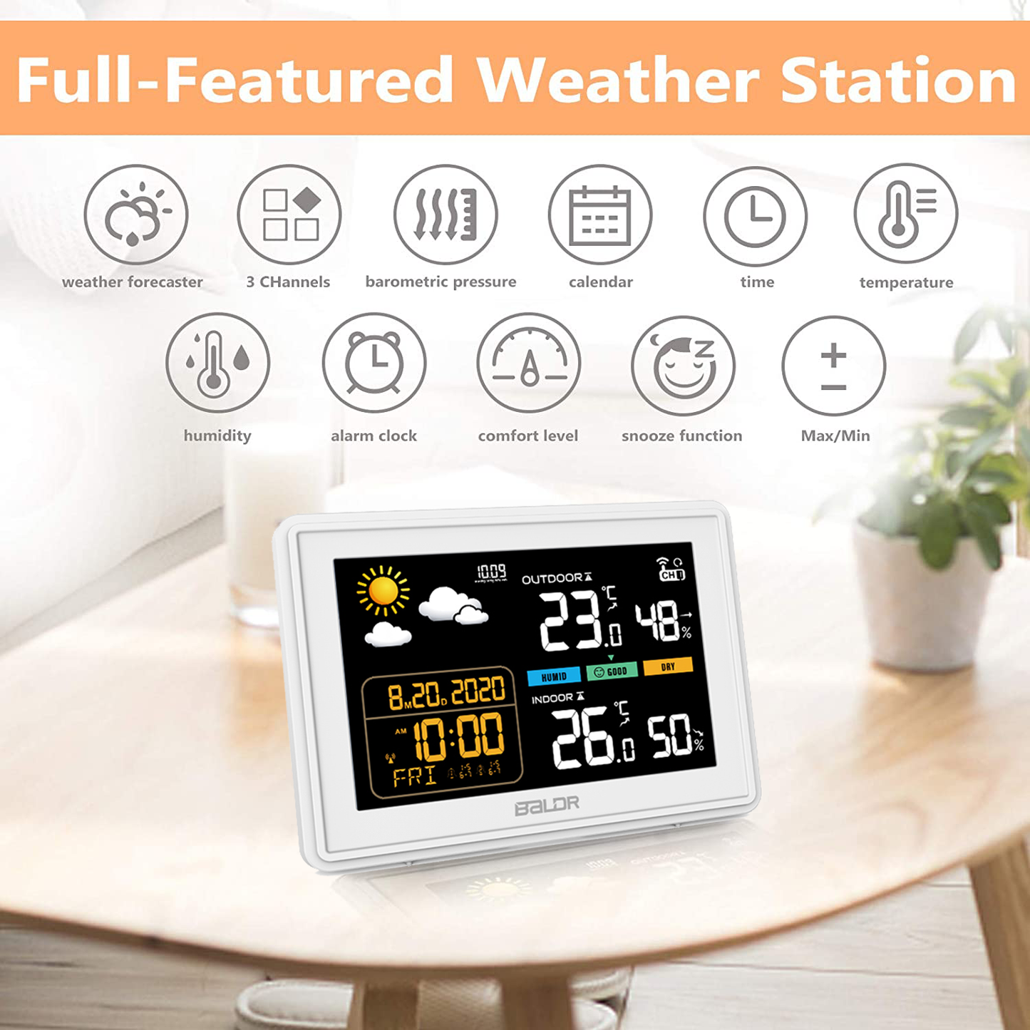 Konsen B0359 Weather Station: Wireless Radio-Controlled Clock, Air Pressure Readings, Weather Forecast, Multi-Level Adjustable Backlight