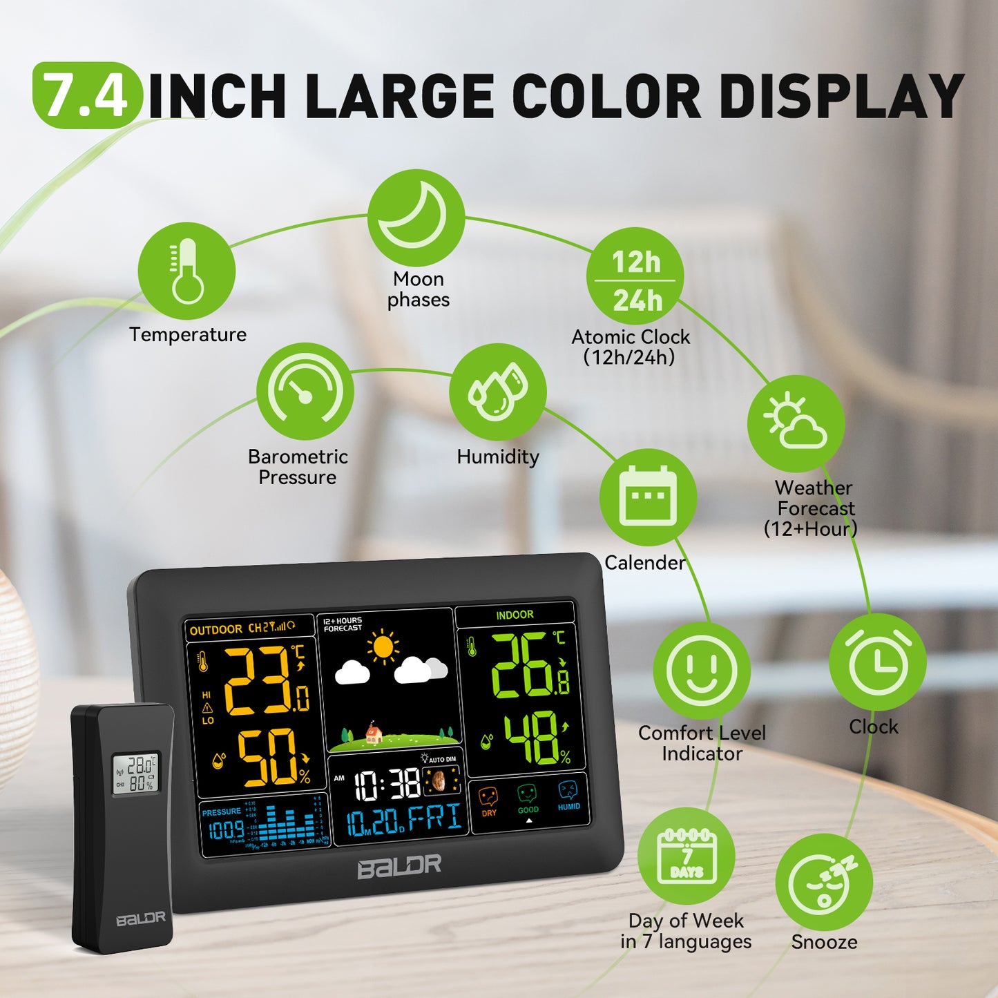 Konsen E0388 Weather Station: 7.4-inch large screen, Wireless Radio-Controlled Clock, Air Pressure Readings, Weather Forecast, Multi-Level Adjustable Backlight